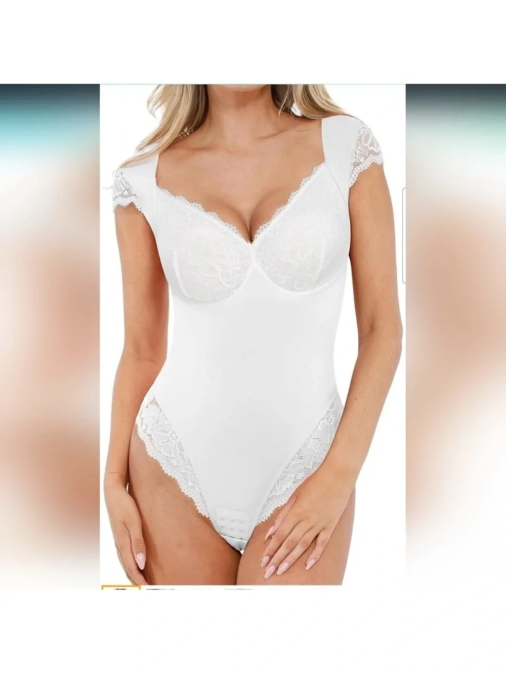 Popilush White Lace Cap Sleeve V Neck Shapewear Tummy Control Bodysuit - Picture 1 of 5